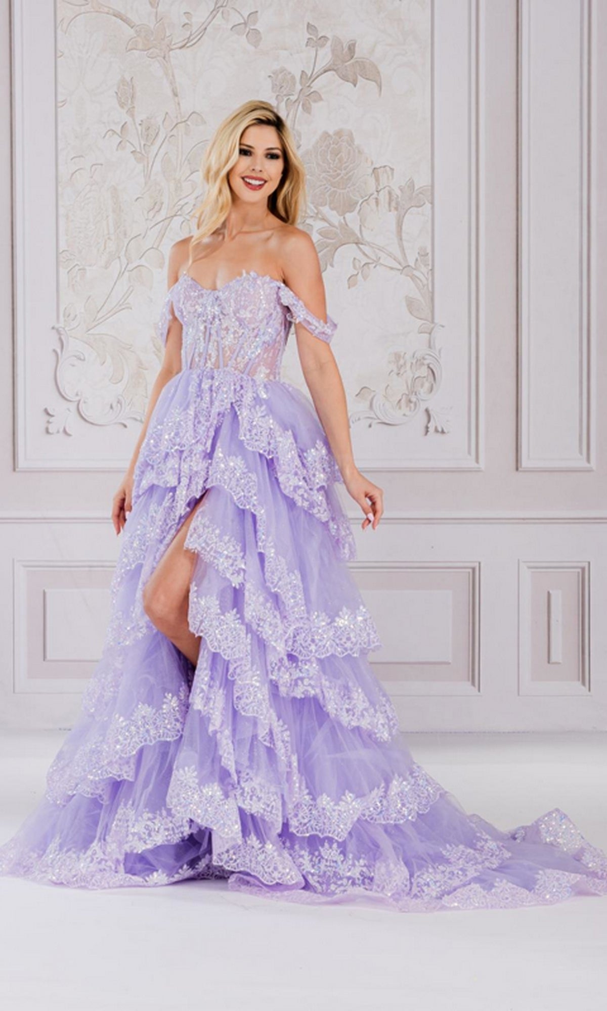 Off-the-Shoulder Layered Long Ball Gown TM1012 - Image 9