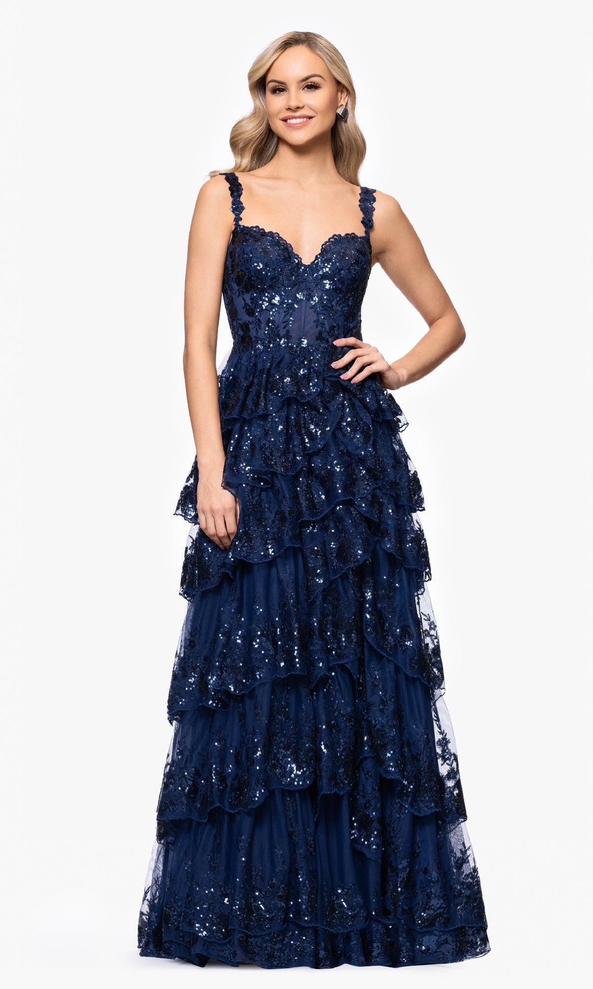 Beaded-Lace Ruffle Prom Gown: Blondie Nites 5394BN - Image 3