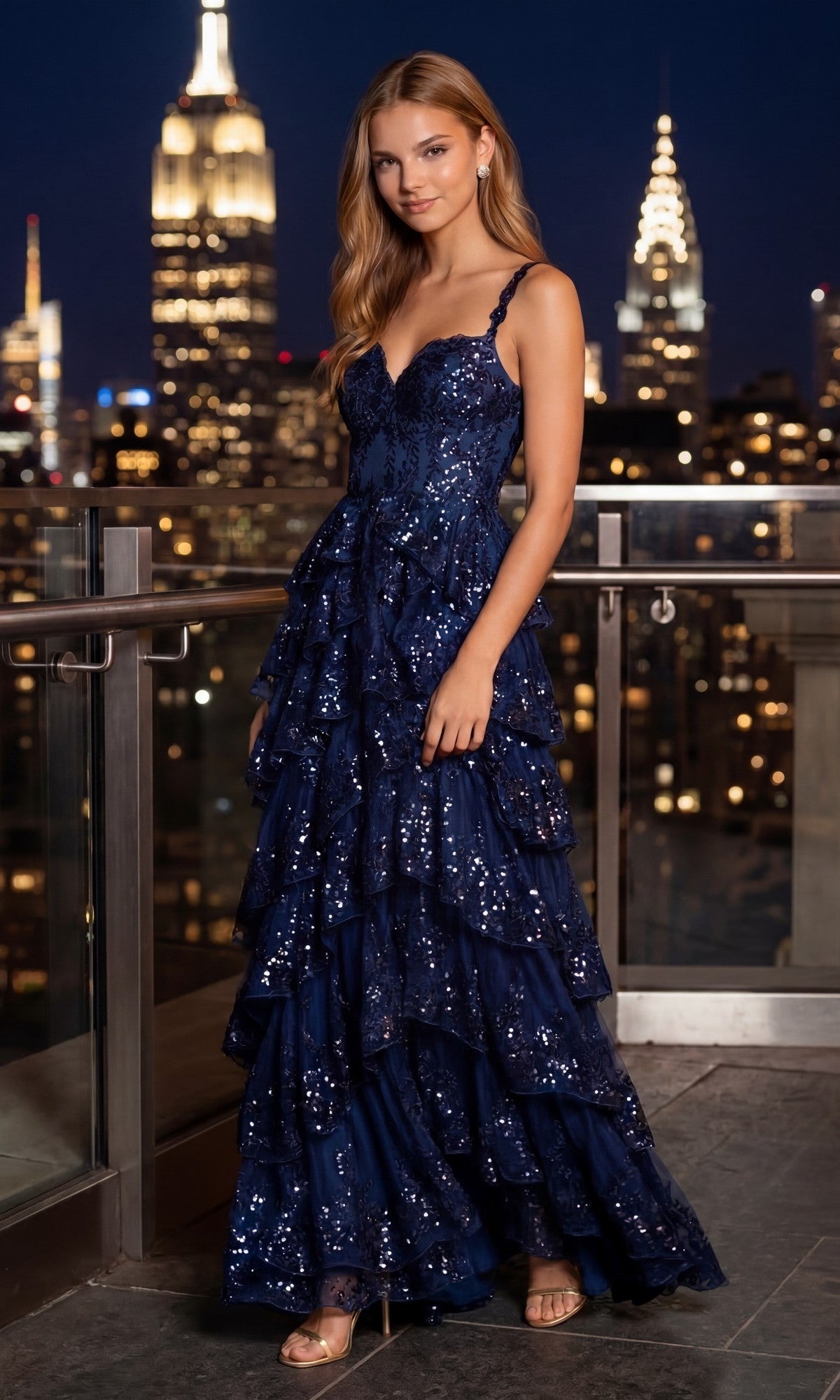 Beaded-Lace Ruffle Prom Gown: Blondie Nites 5394BN