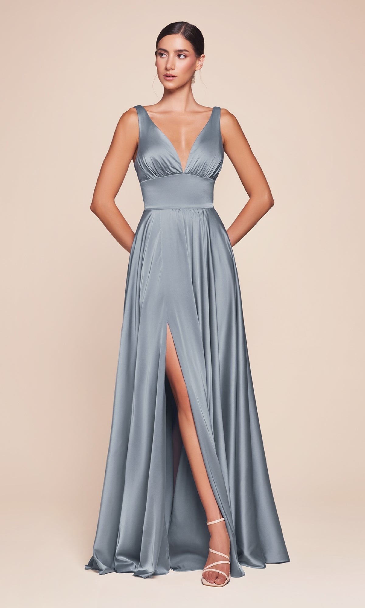 A-Line V-Neck Classic Long Satin Prom Dress CL7469A - Image 9