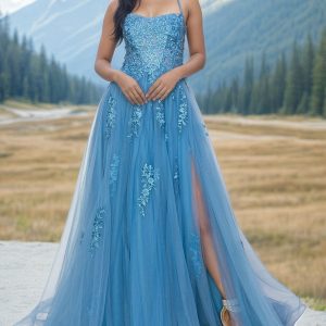 Floral-Embroidered Long Tulle Prom Dress 8031J