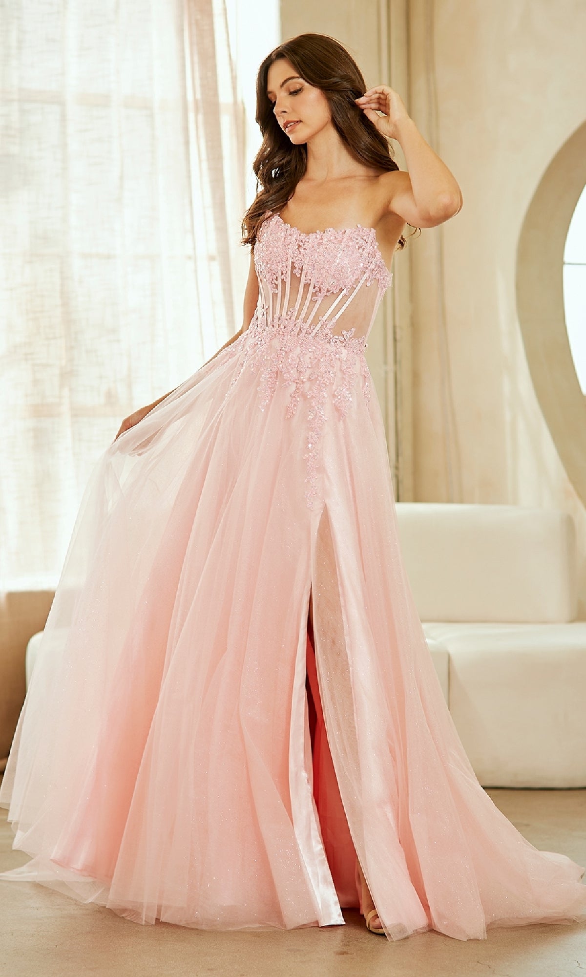 Strapless Glitter Prom Gown: Amelia Couture 9078
