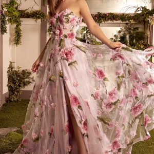 Floral-Print Strapless Long Prom Ball Gown Andrea and LeoA1035