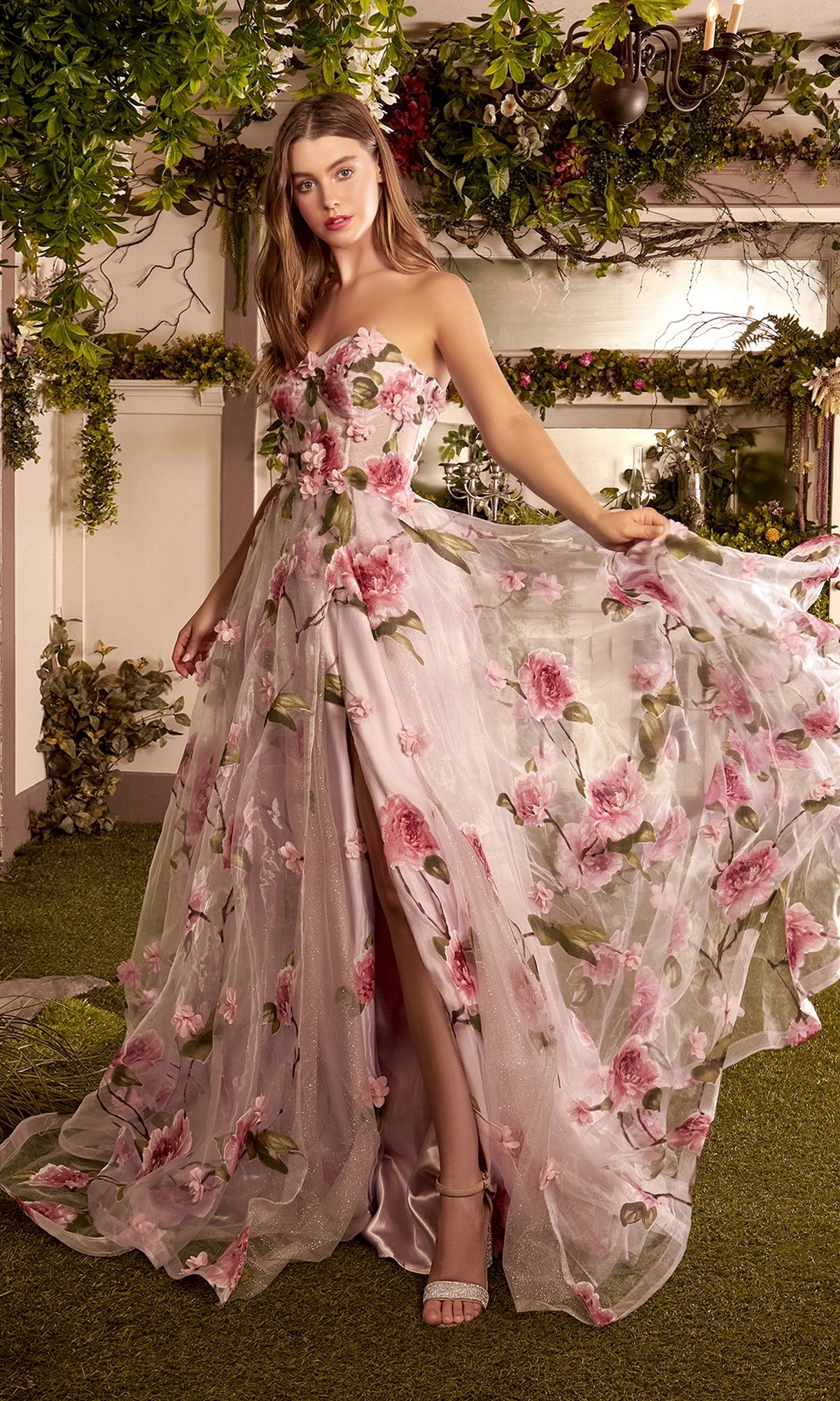 Floral-Print Strapless Long Prom Ball Gown Andrea and LeoA1035
