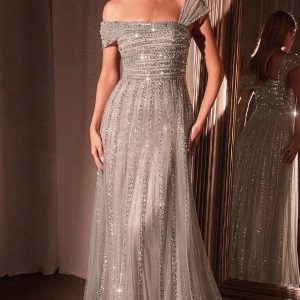 Cap-Sleeve Long Beaded Prom Dress: Ladivine CD0238