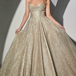 Draped-Bodice Long Glitter A-Line Prom Dress CLCD252