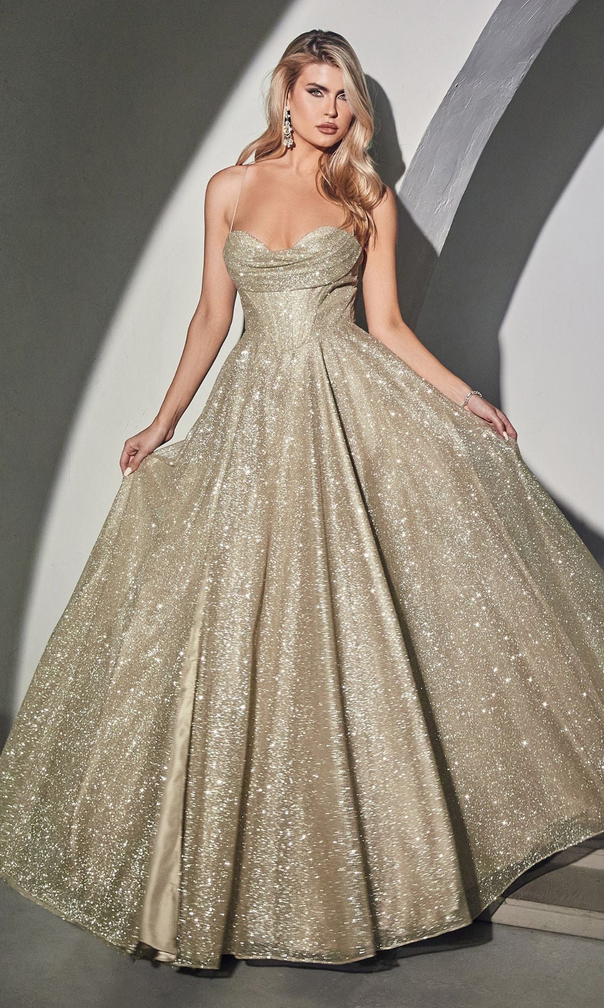 Draped-Bodice Long Glitter A-Line Prom Dress CLCD252