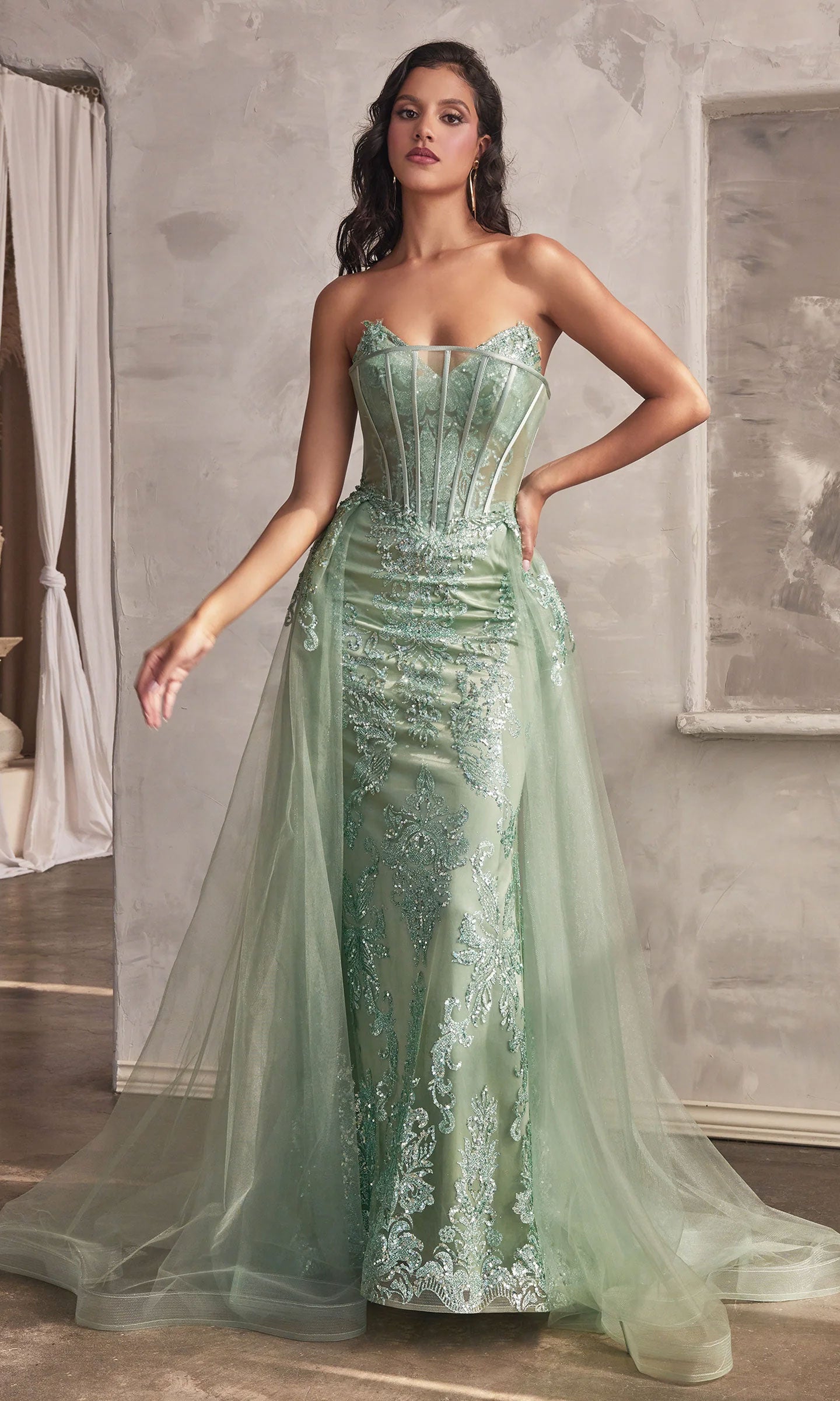 Glitter-Print Strapless Long Prom Dress J858 - Image 4