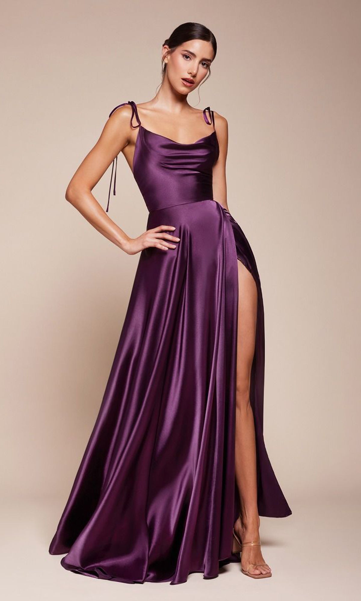 Cowl-Neck Long Satin Prom Dress: Ladivine BD104 - Image 4