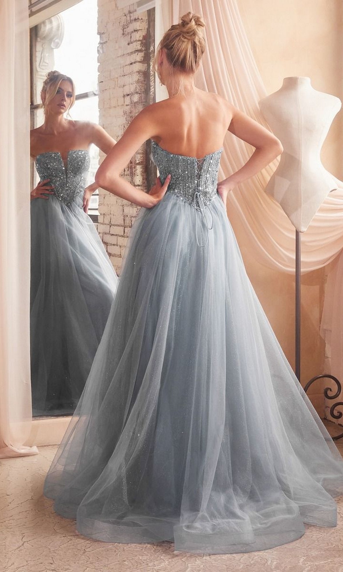Lace-Up Strapless Long Glitter Prom Dress CD0217 - Image 2