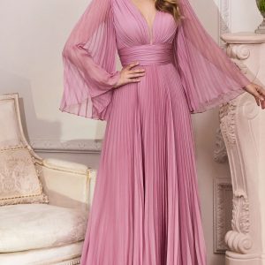 Long Bell-Sleeve Pleated Long Formal Dress CD242