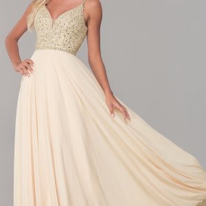 Long V-Neck Sleeveless Beaded-Bodice Prom Dress