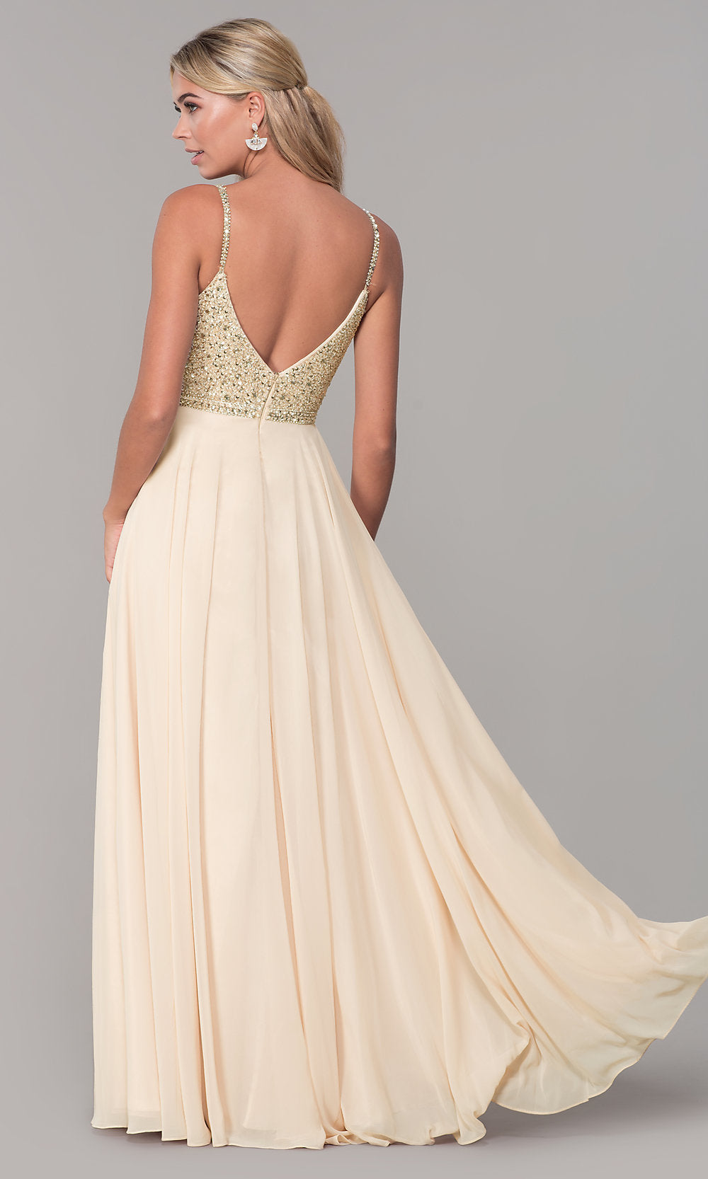Long V-Neck Sleeveless Beaded-Bodice Prom Dress - Image 2