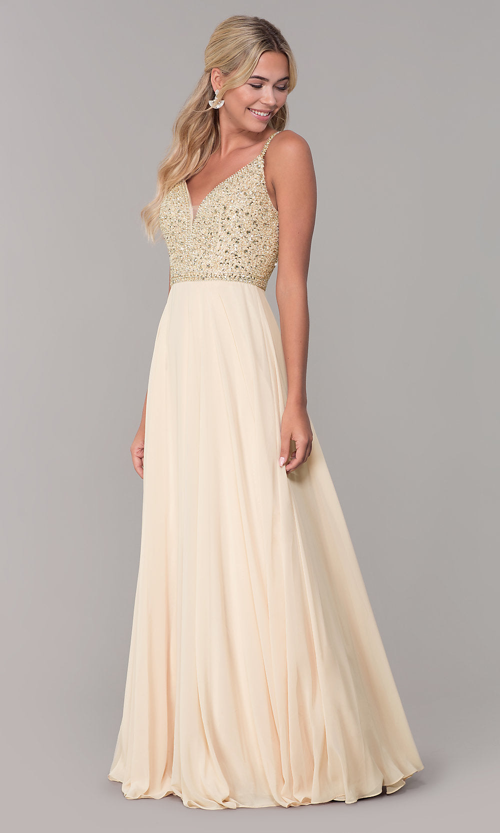 Long V-Neck Sleeveless Beaded-Bodice Prom Dress - Image 7