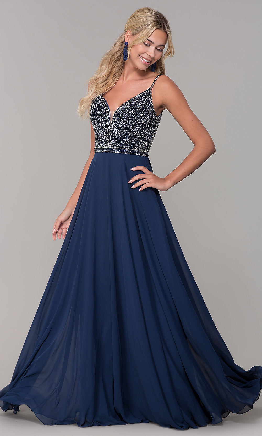 Long V-Neck Sleeveless Beaded-Bodice Prom Dress - Image 4