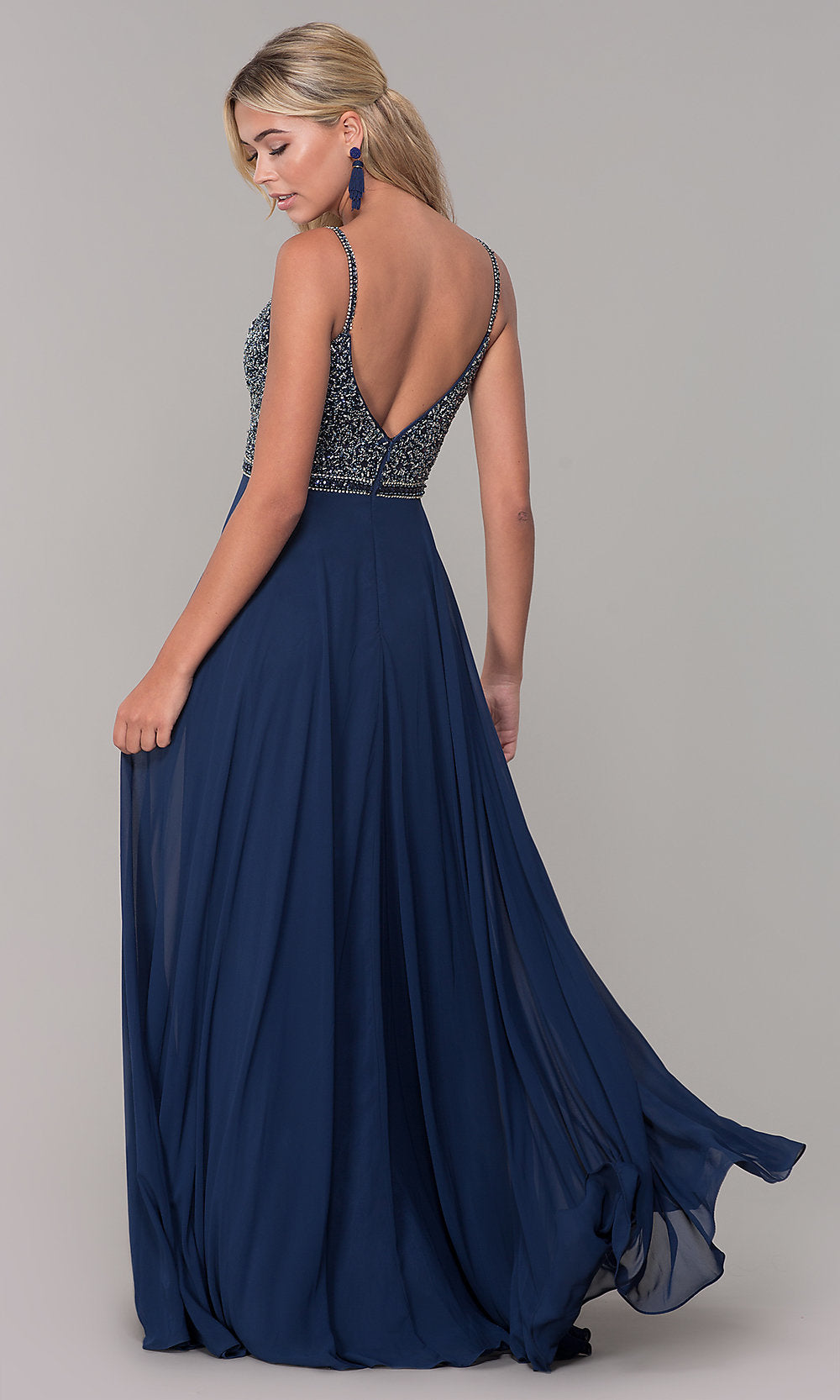 Long V-Neck Sleeveless Beaded-Bodice Prom Dress - Image 5