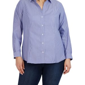 Plus Size Striped Easy-Care Button-Up Shirt