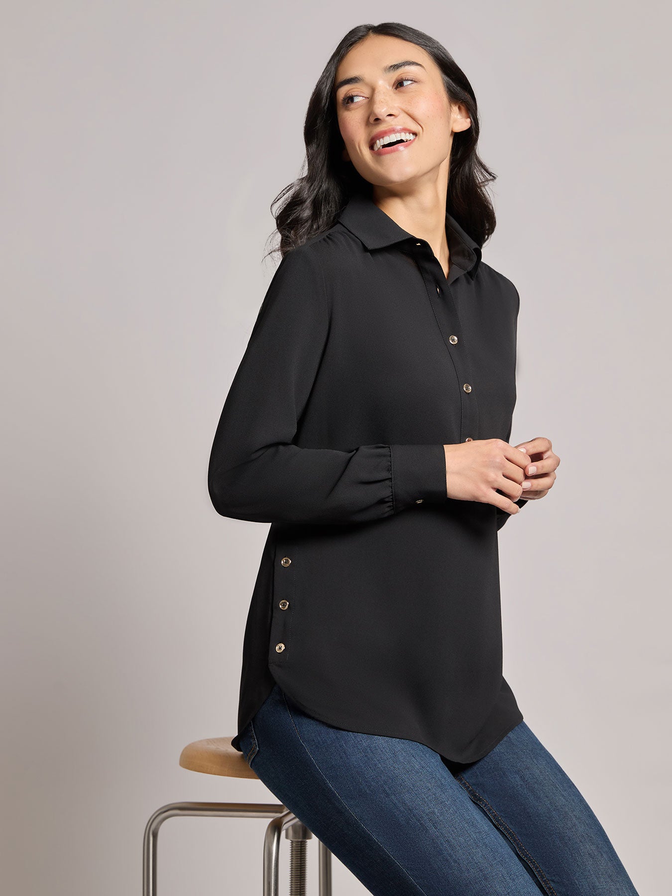 Long Sleeve Collared Popover Blouse, Crepe de Chine - Image 4