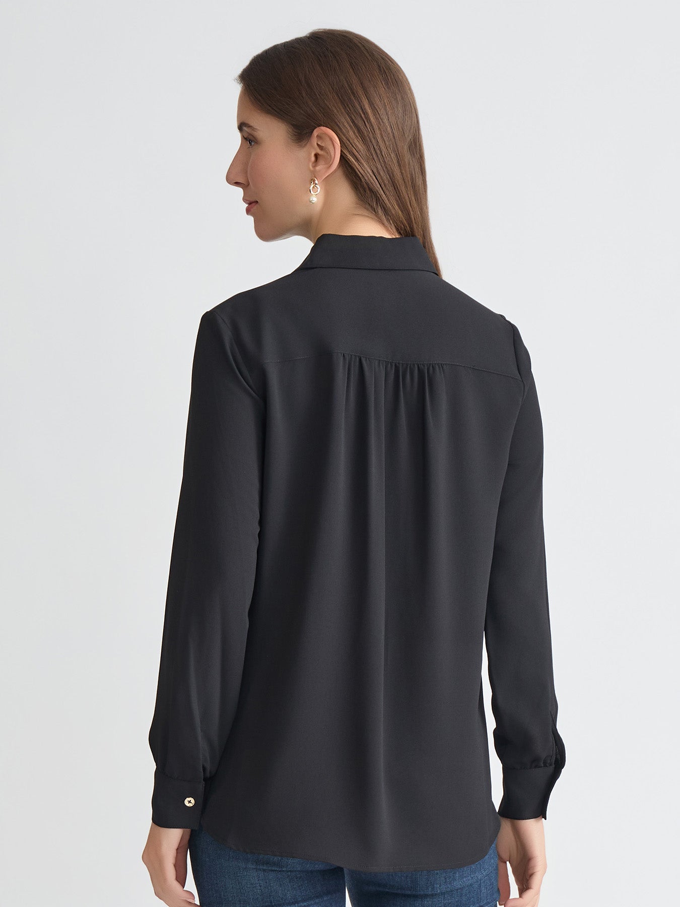 Long Sleeve Collared Popover Blouse, Crepe de Chine - Image 3