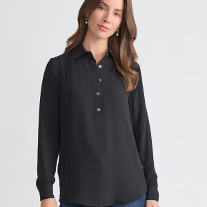 Long Sleeve Collared Popover Blouse, Crepe de Chine