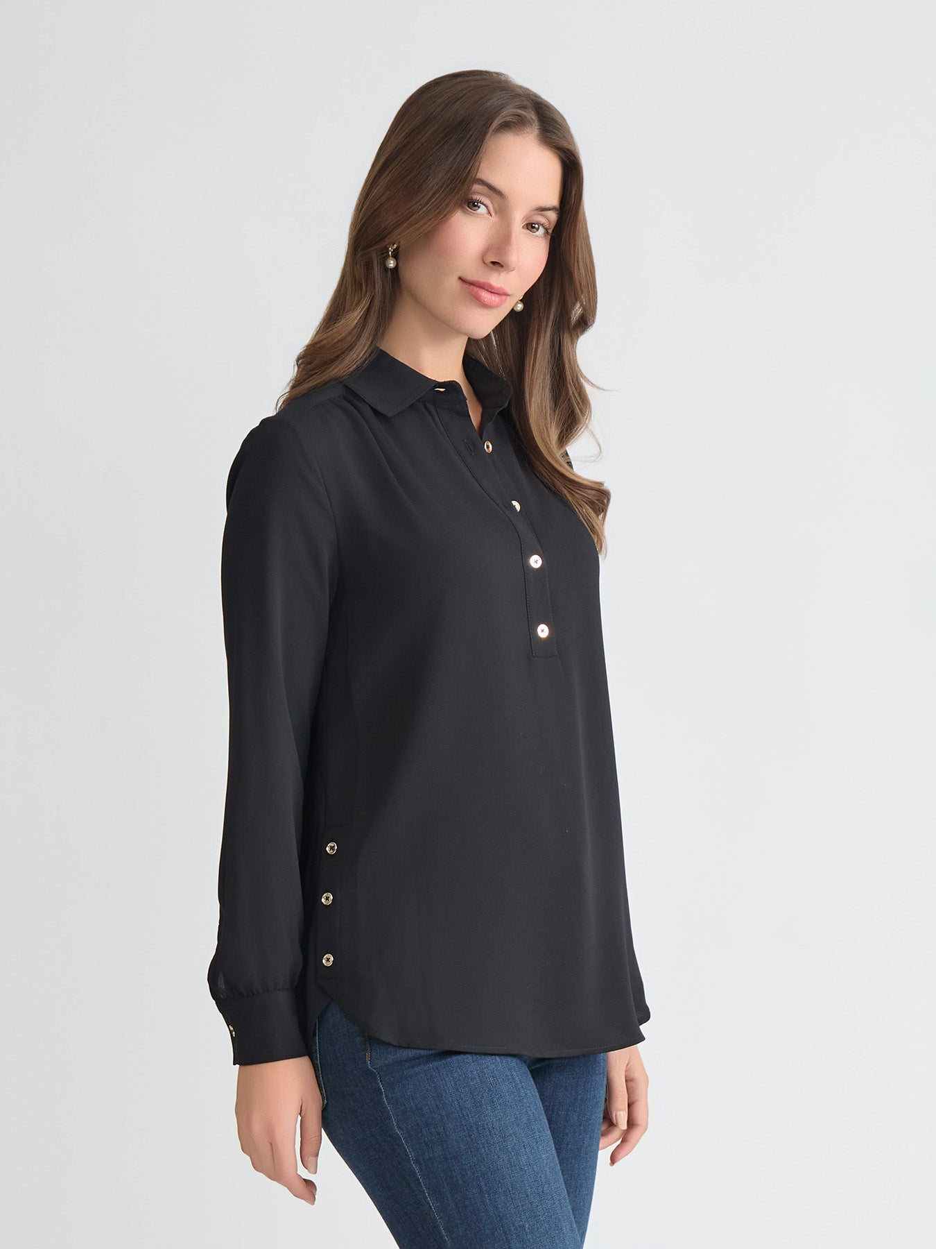 Long Sleeve Collared Popover Blouse, Crepe de Chine - Image 2