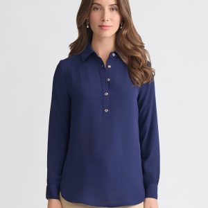 Long Sleeve Collared Popover Blouse, Crepe De Chine