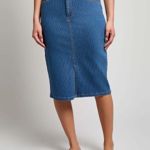 Denim Midi Front Slit Skirt, Indigo Pinstripe