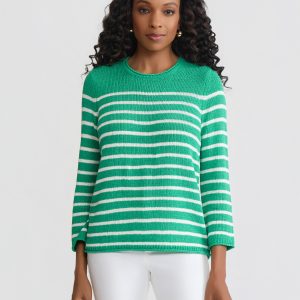 Petite Striped Open Crew Neck Sweater