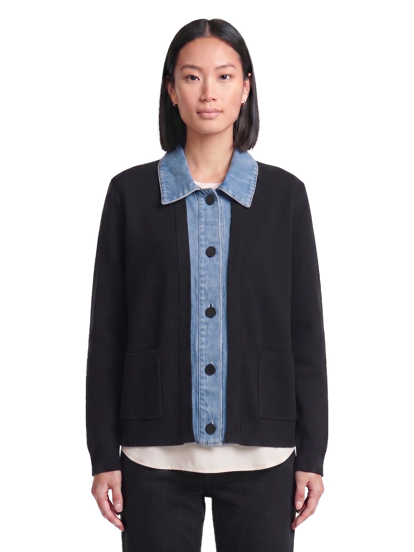Denim Collared Cardigan, Cotton Blend - Image 2