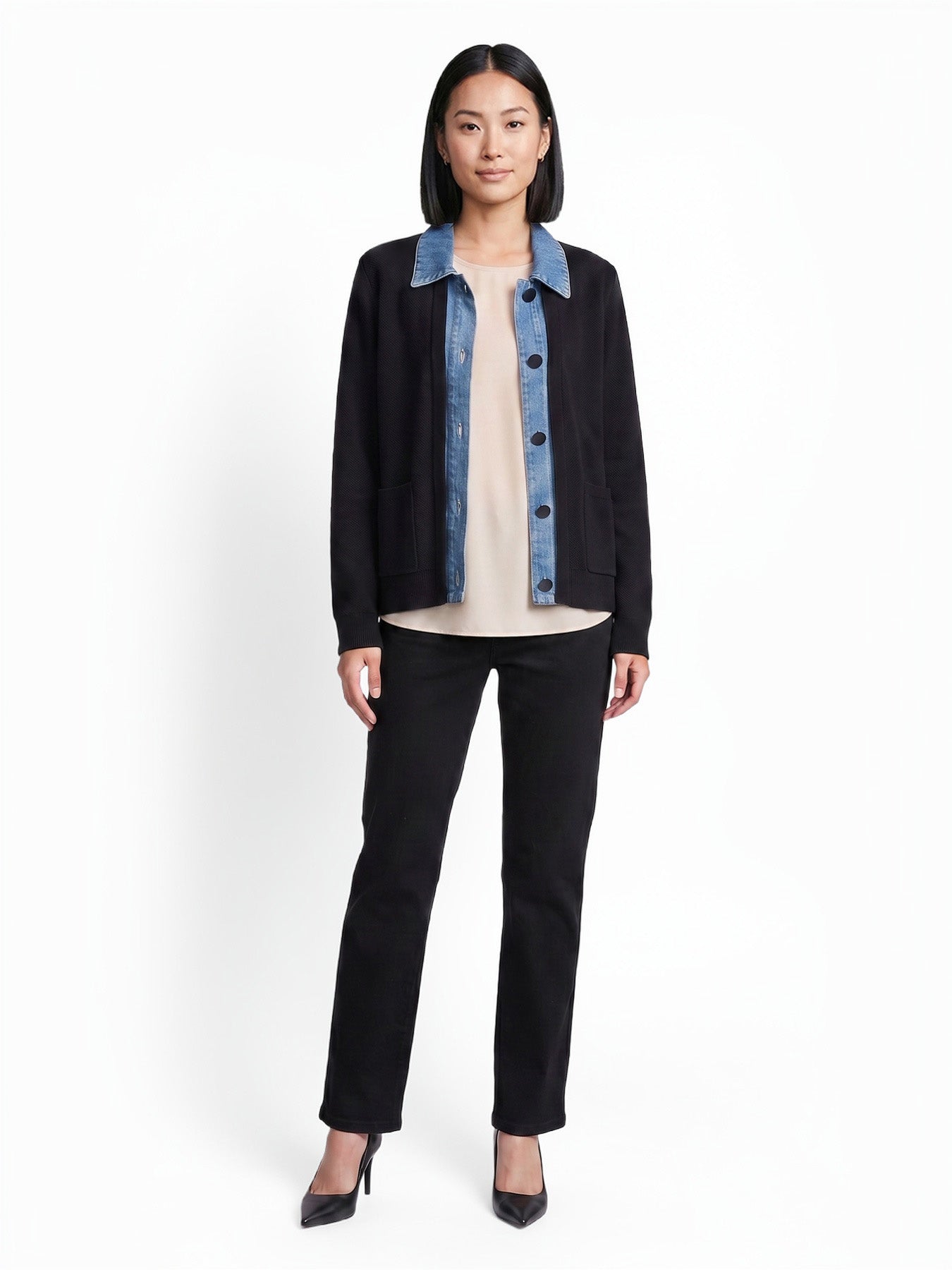 Denim Collared Cardigan, Cotton Blend - Image 6