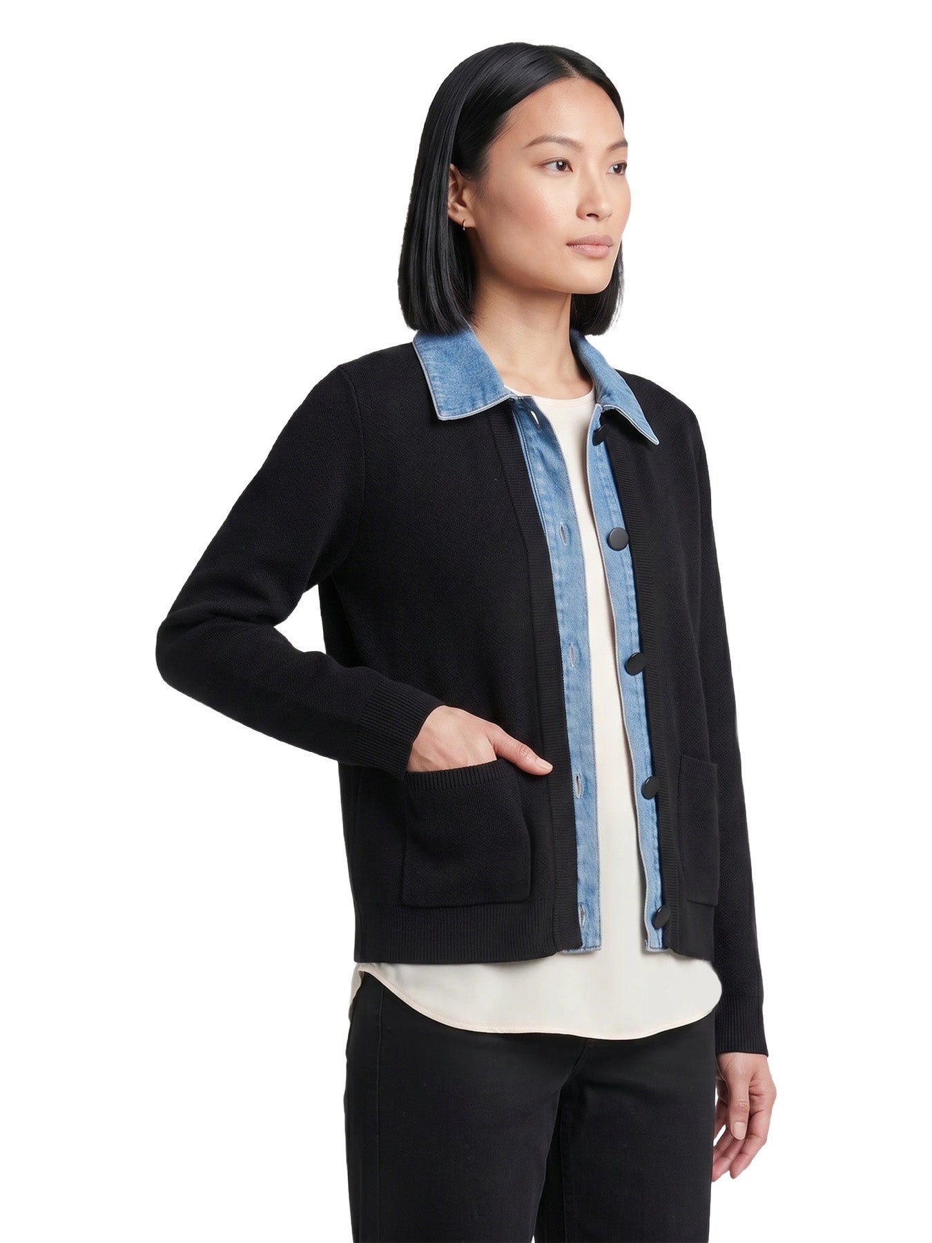 Denim Collared Cardigan, Cotton Blend - Image 3