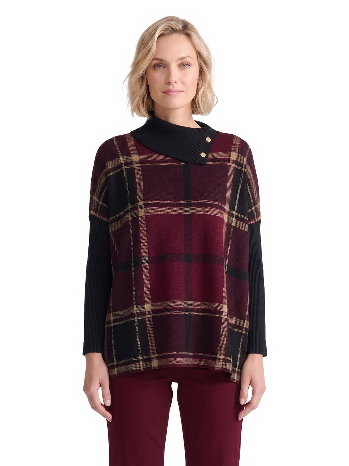 Plaid Split Neck Poncho