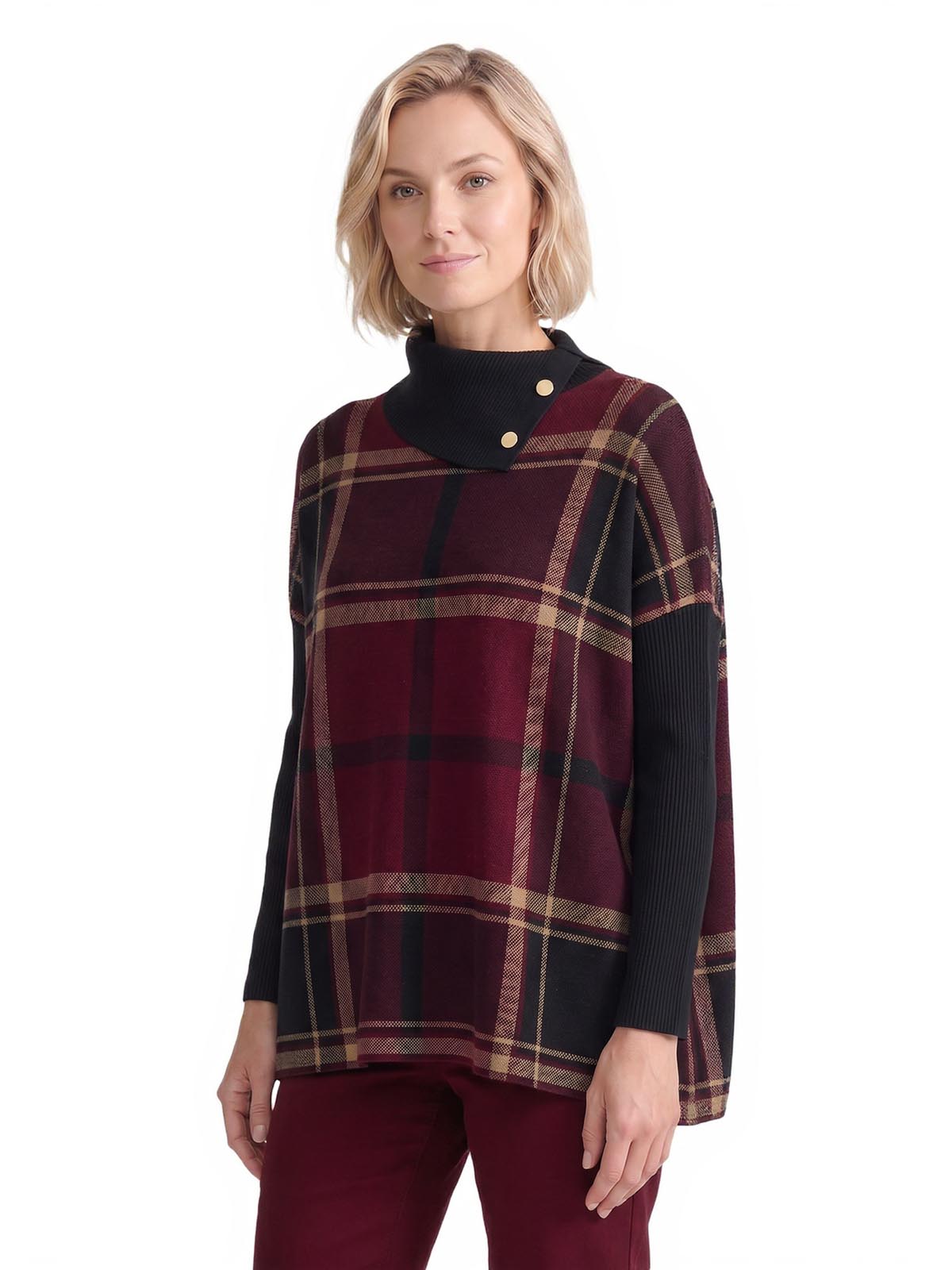 Plaid Split Neck Poncho - Image 2