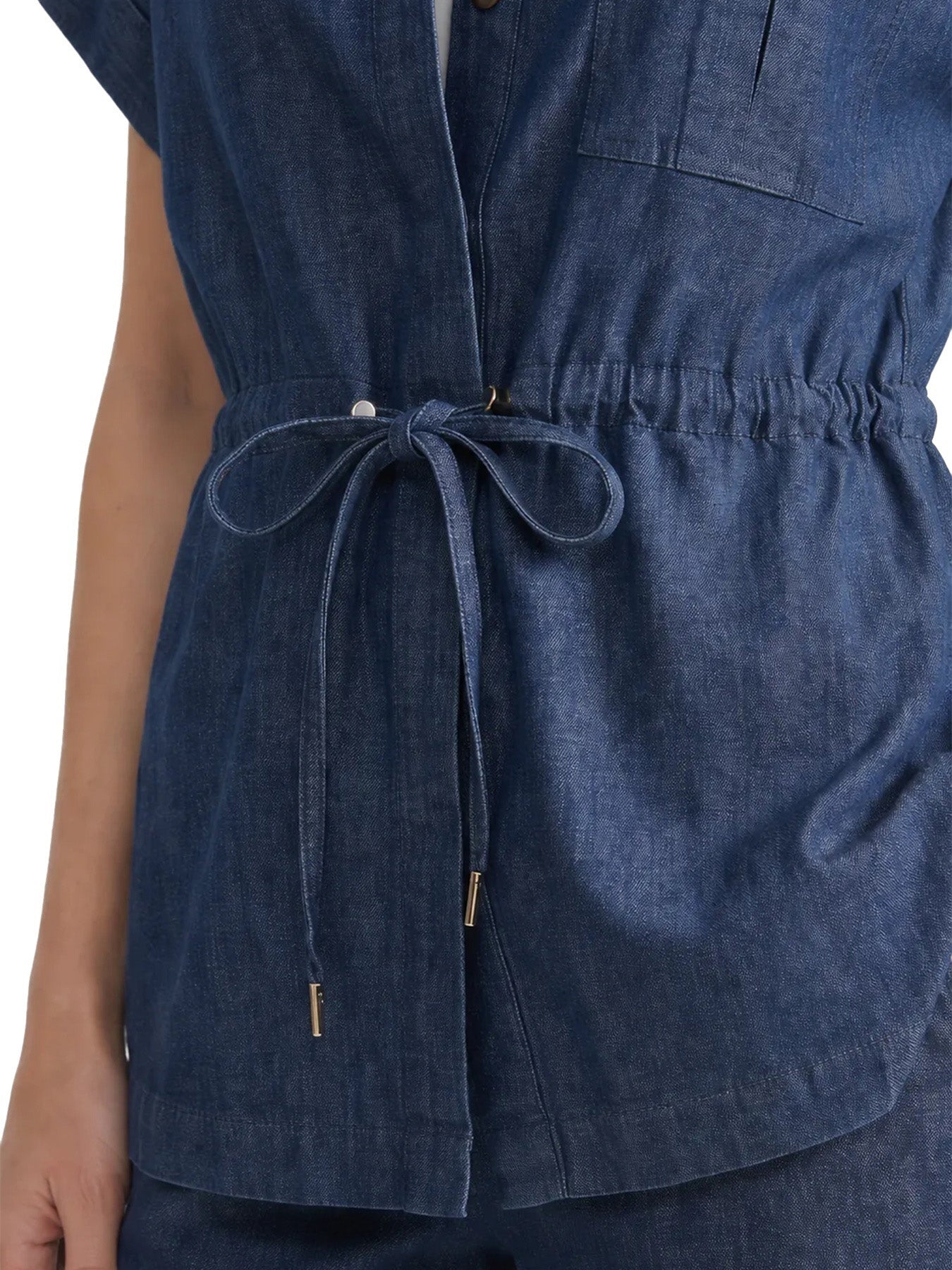 Cinch Waist Button Down Shirt, Stretch Denim - Image 3