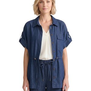 Cinch Waist Button Down Shirt, Stretch Denim