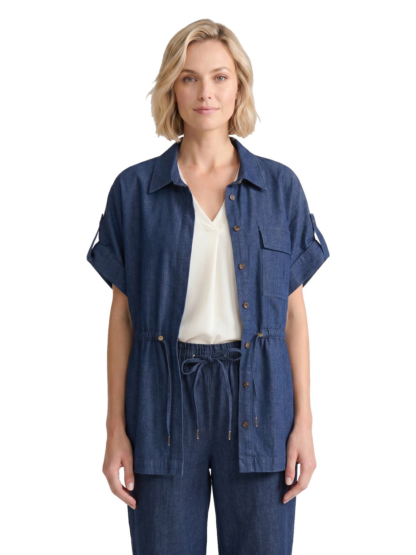 Cinch Waist Button Down Shirt, Stretch Denim