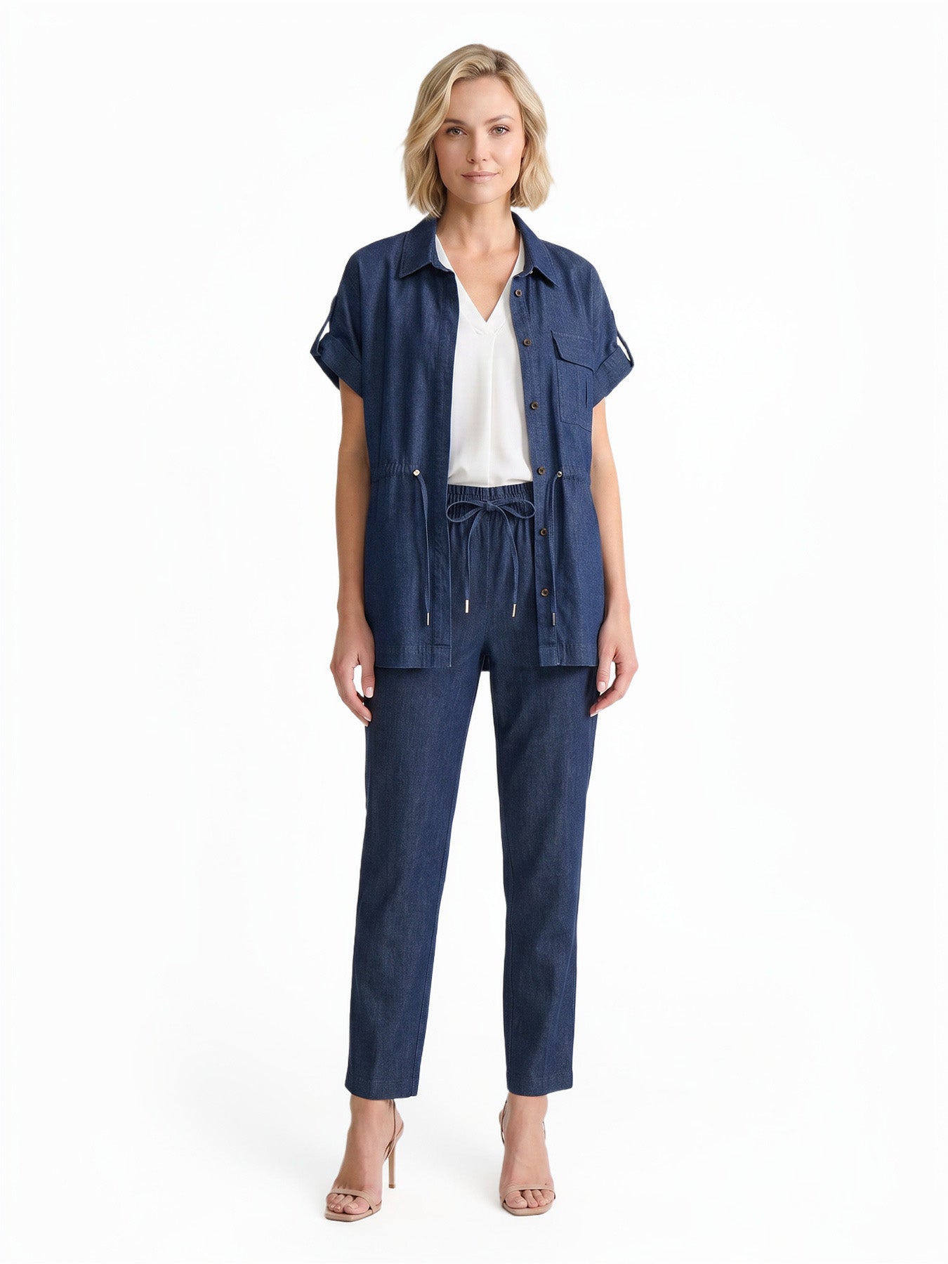 Cinch Waist Button Down Shirt, Stretch Denim - Image 5