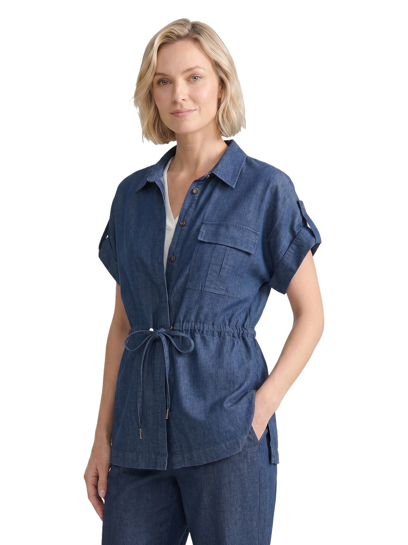 Cinch Waist Button Down Shirt, Stretch Denim - Image 2