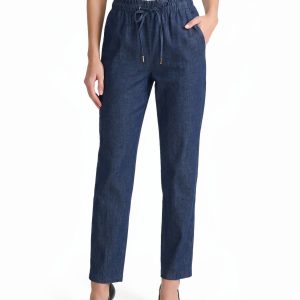 Paperbag Drawstring Straight Leg Jeans, Stretch Denim