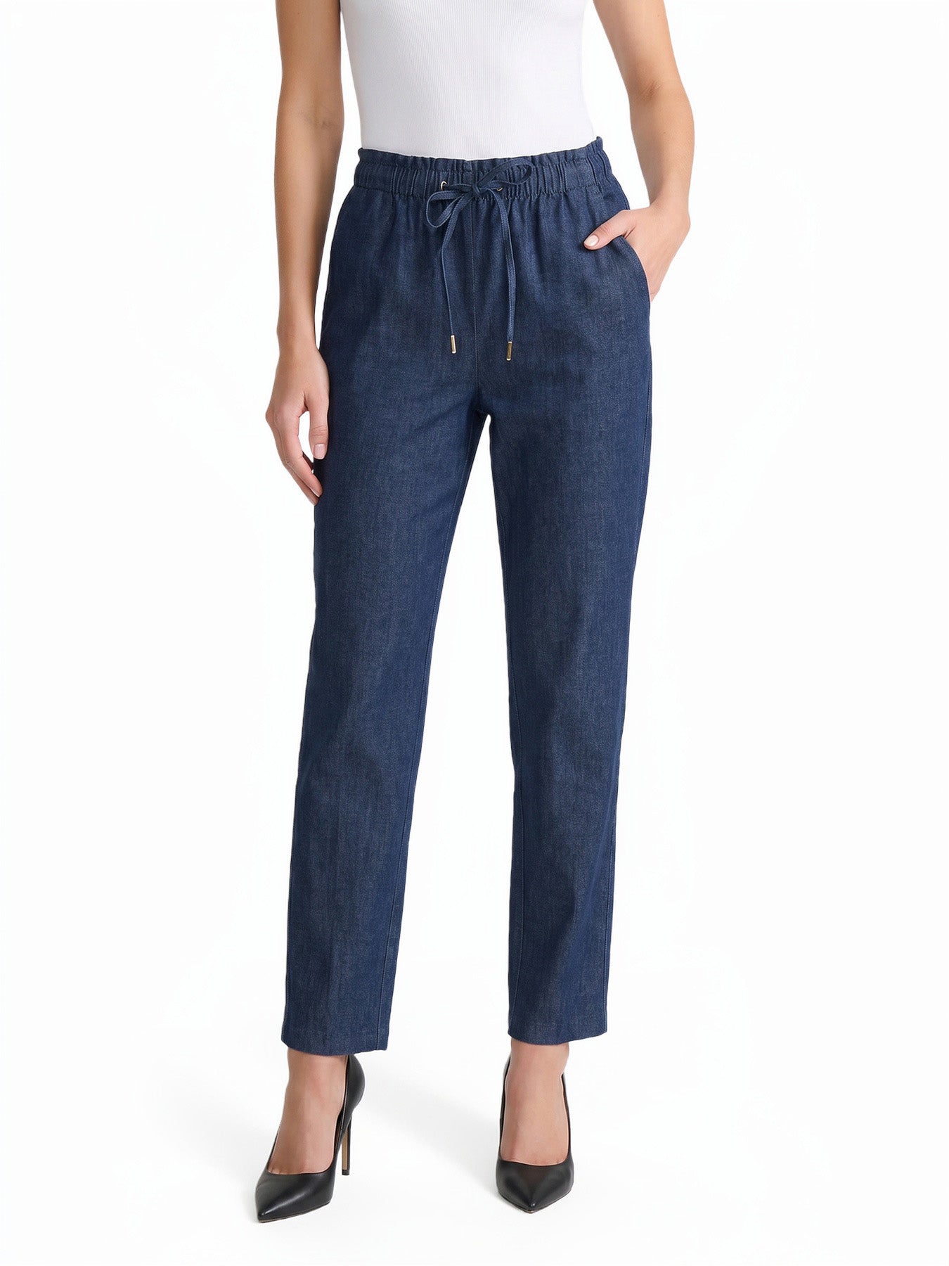 Paperbag Drawstring Straight Leg Jeans, Stretch Denim