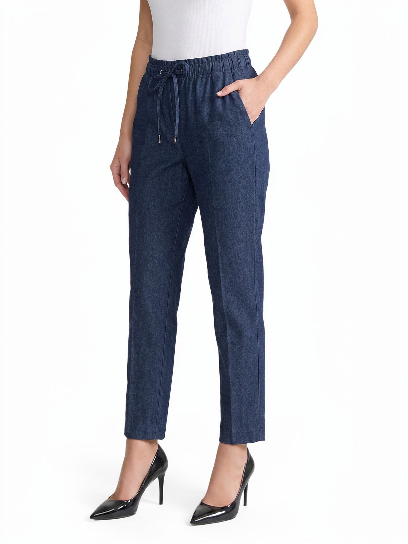 Paperbag Drawstring Straight Leg Jeans, Stretch Denim - Image 2